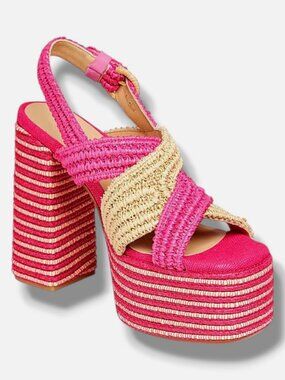 Castañer Women's Pink Fulvia 130MM Raffia Platform Sandals Shoes Size EU:40 US:9